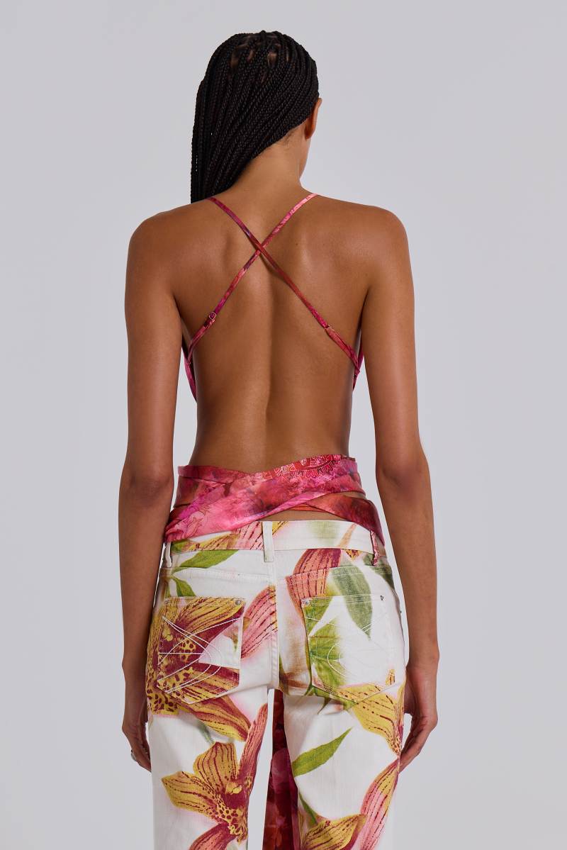 Jaded London Ayla Satin Backless Plunge Wrap Top In Rosa Floral