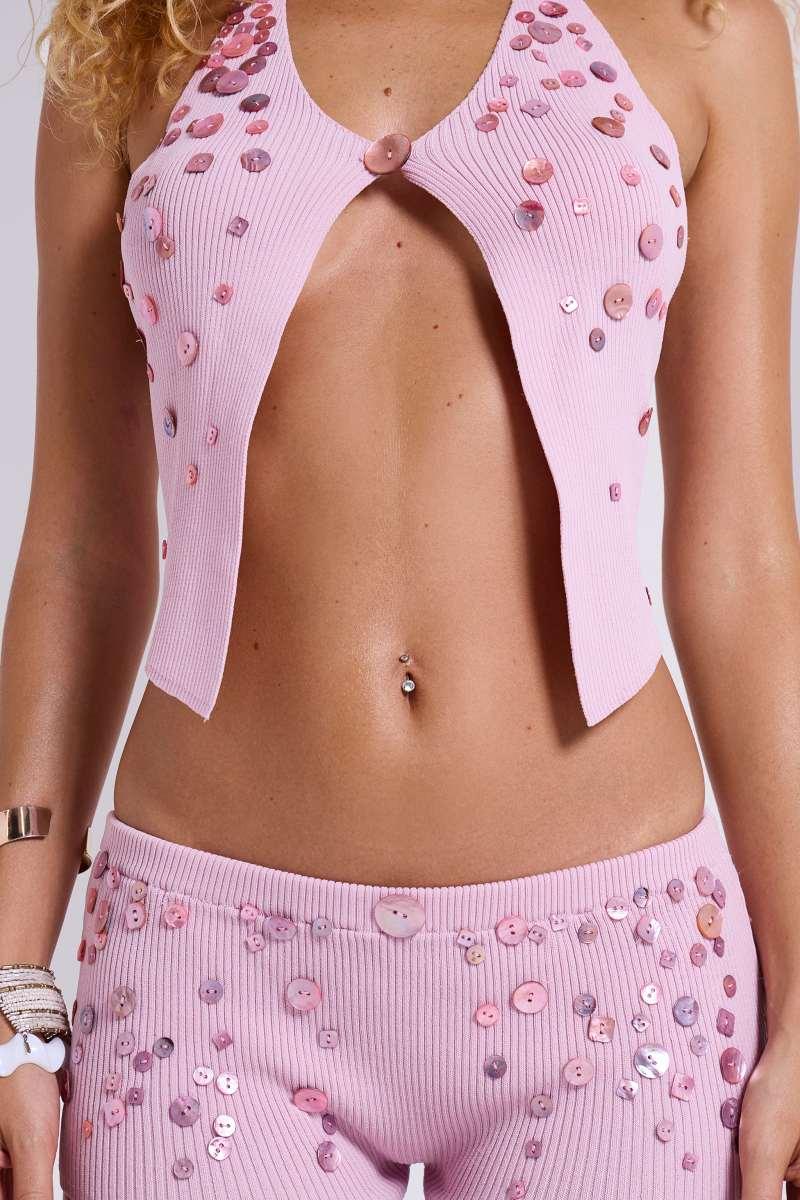 Jaded London Azalea Button Knit Halter Top In Phlox Pink