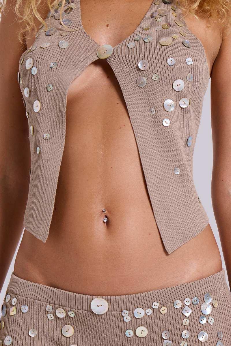 jaded london Azalea Button Knit Halter Top In Sand Sand