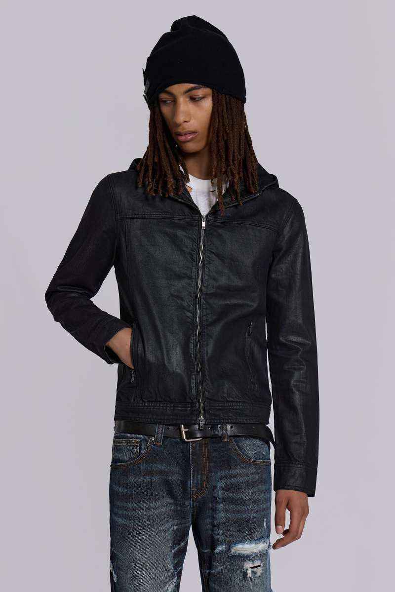 Jaded London Bedrock Waxed Hooded Denim Jacket Black
