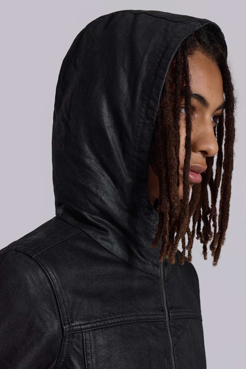 Jaded London Bedrock Waxed Hooded Denim Jacket Black