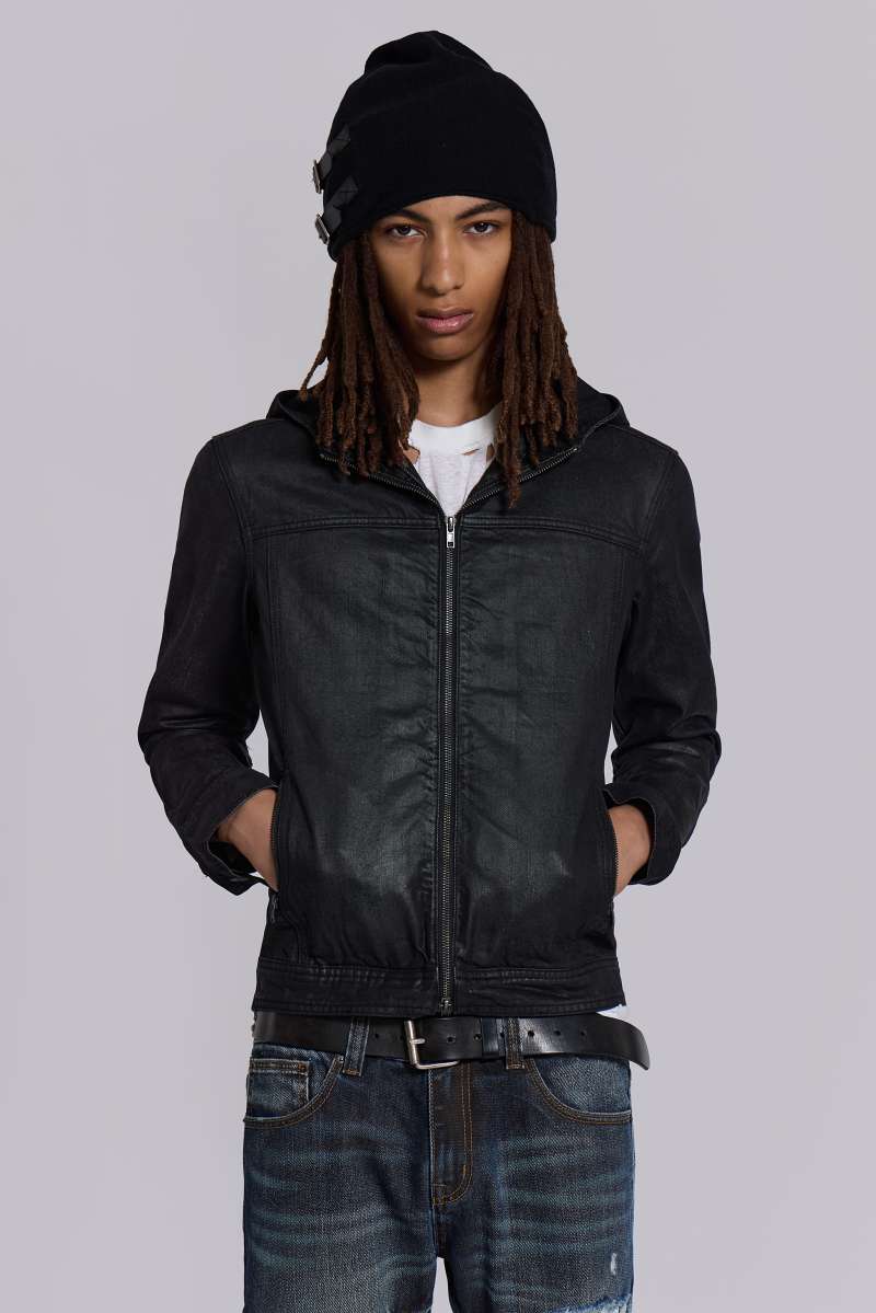 jaded london Bedrock Waxed Hooded Denim Jacket Black