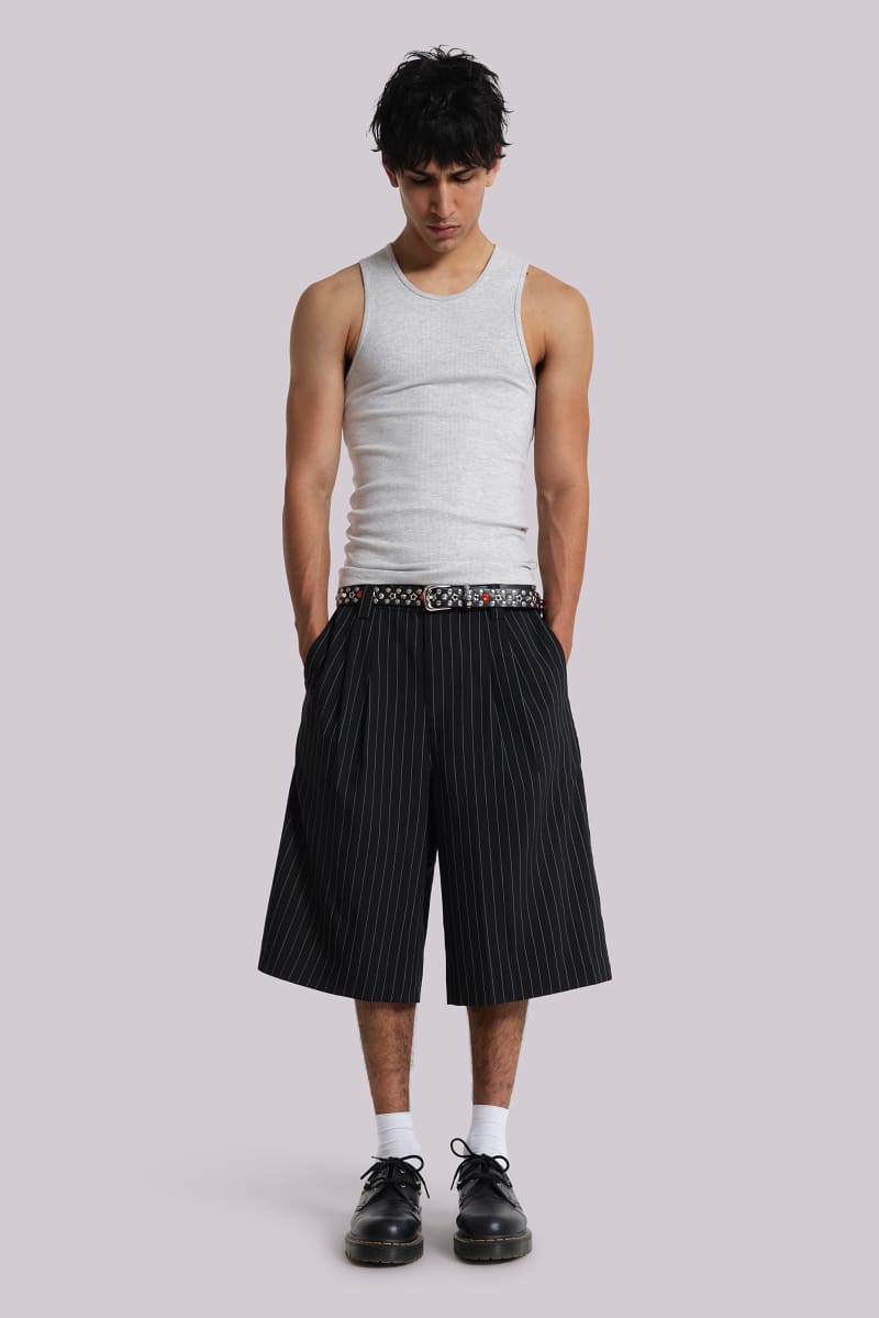 jaded london Black Pinstripe Goliath Baggy Shorts Black