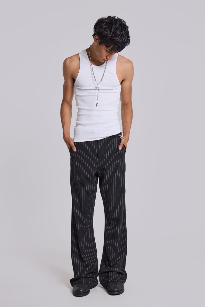 Jaded London Black Pinstripe Stacked Bootcut Suit Pants Black