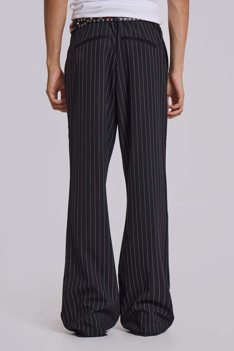 Jaded London Black Pinstripe Stacked Bootcut Suit Pants Black