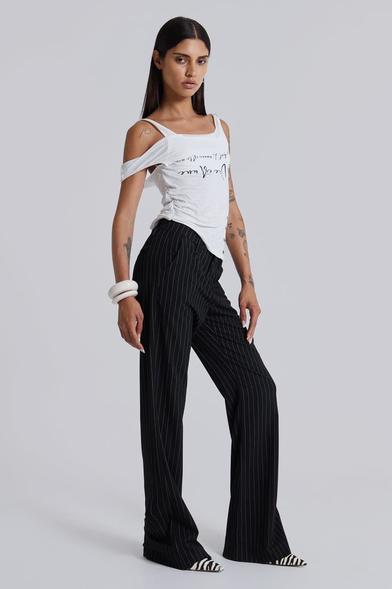 Jaded London Black Pinstripe Stacked Bootcut Suit Pants Black