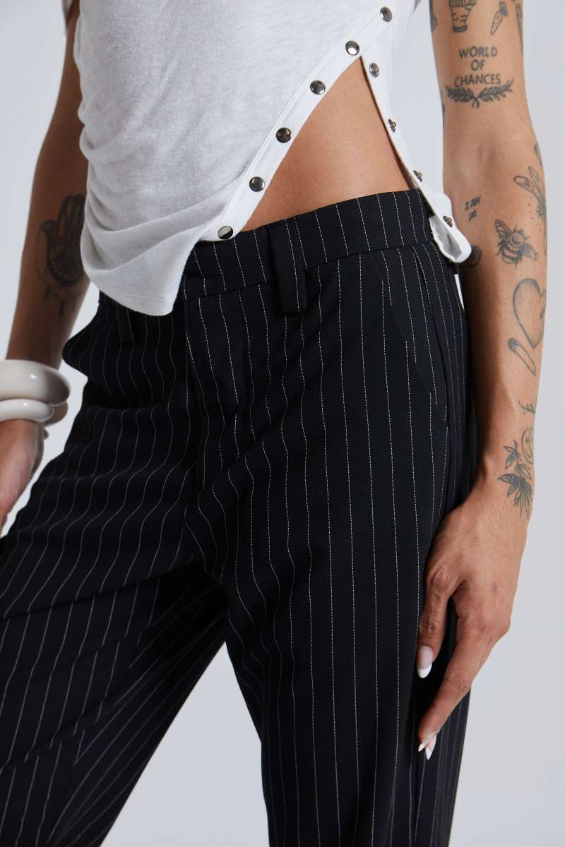 Jaded London Black Pinstripe Stacked Bootcut Suit Pants Black