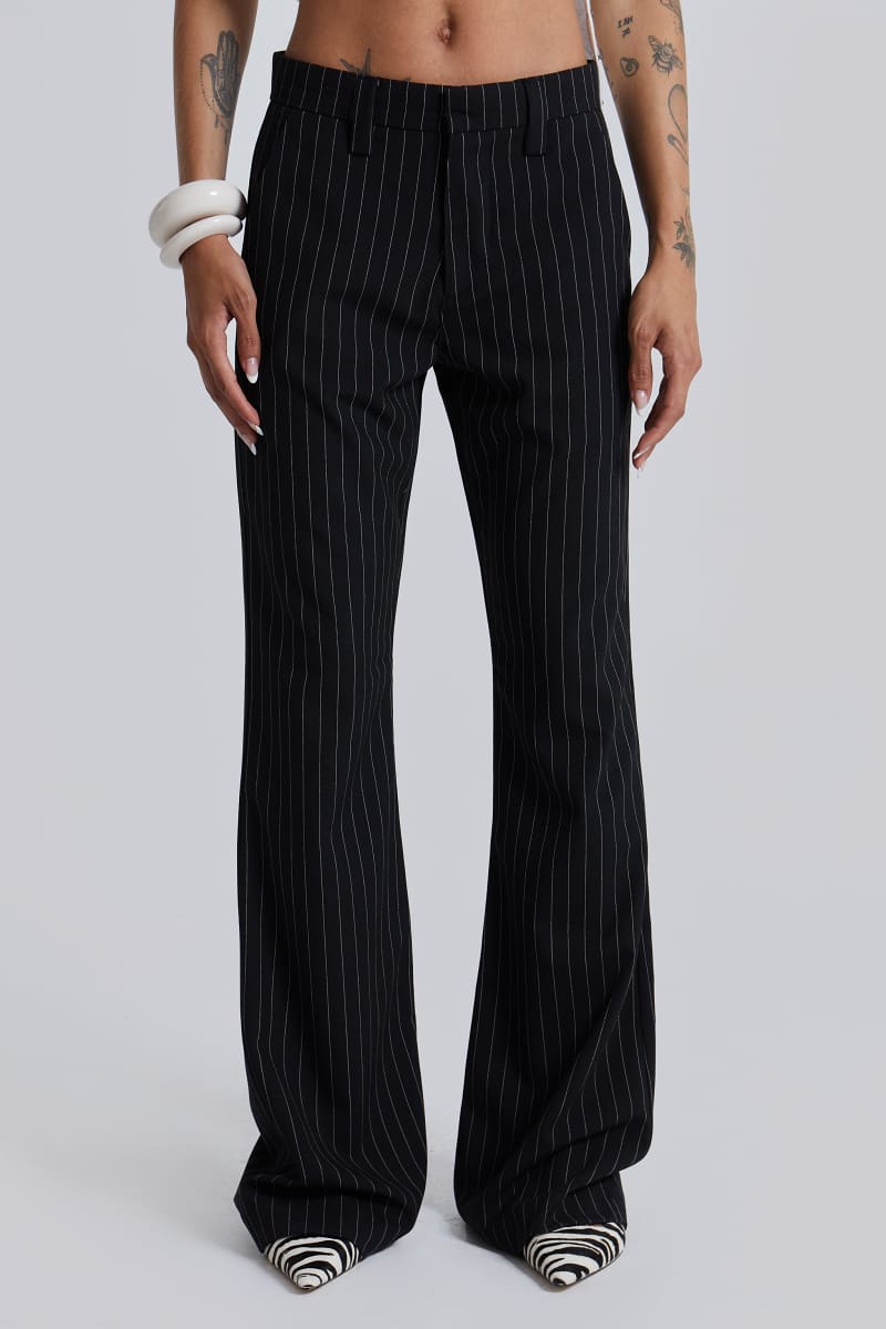 Jaded London Black Pinstripe Stacked Bootcut Suit Pants Black
