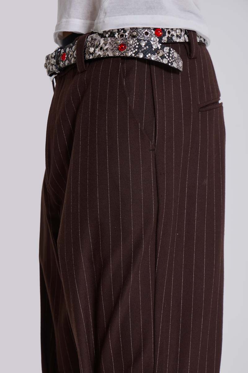 Jaded London Brown Pinstripe Stacked Bootcut Suit Pants Brown