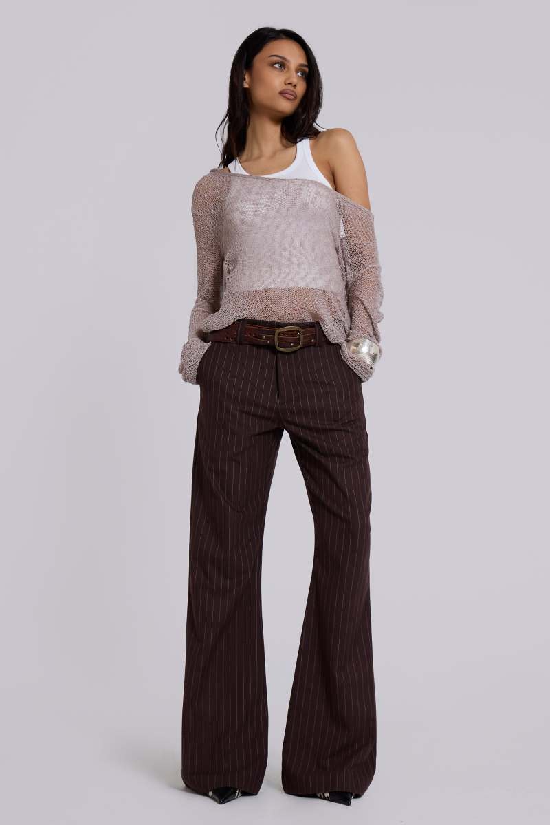 Jaded London Brown Pinstripe Stacked Bootcut Suit Pants Brown Pinstripe