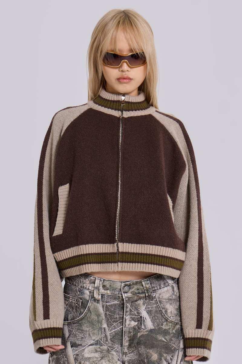 Jaded London Brown Team 85 Knitted Bomber Jacket Brown