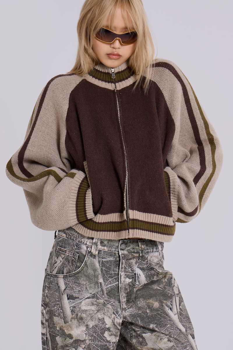 jaded london Brown Team 85 Knitted Bomber Jacket Brown