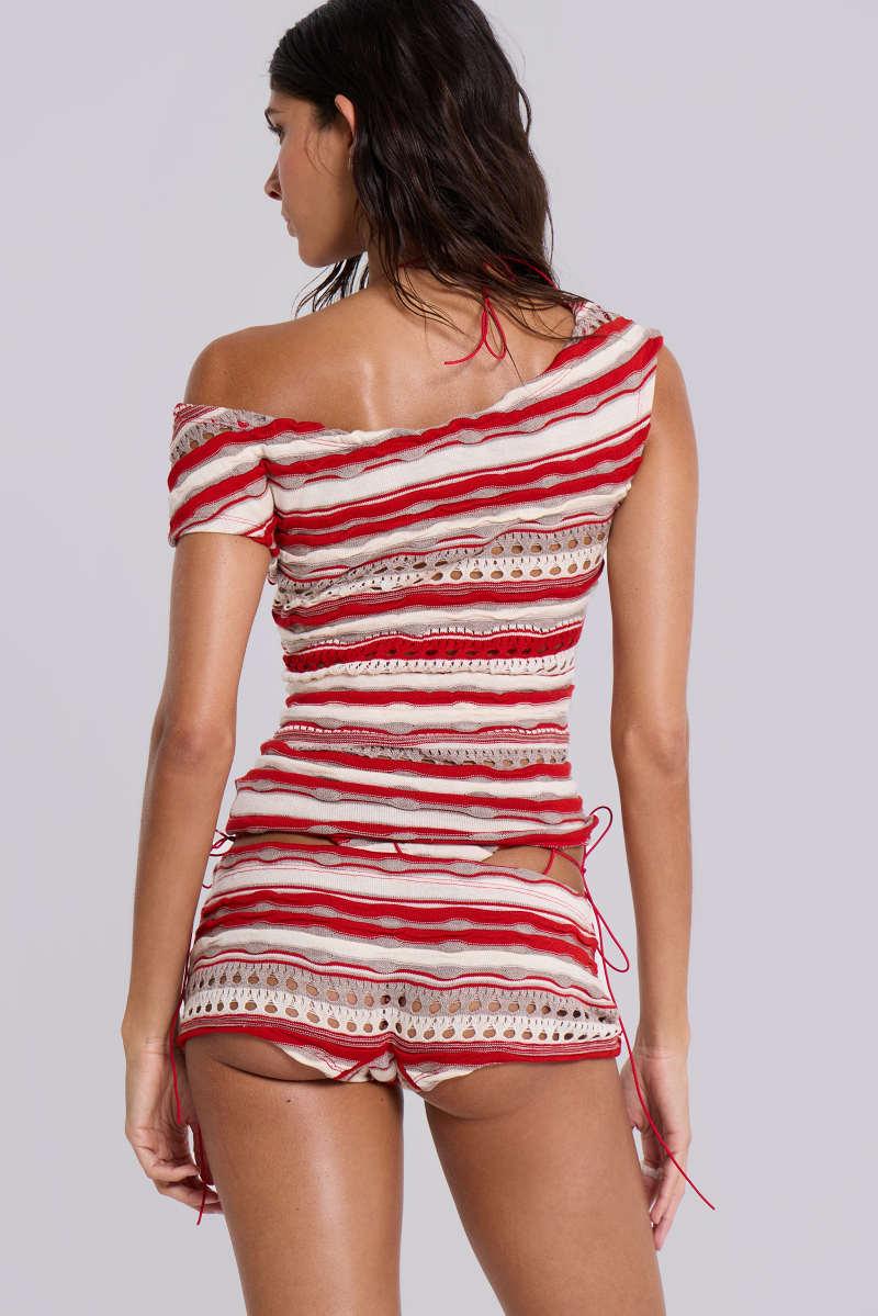 Jaded London Cata Red Stripe Asymmetric Ruffle Knit Top Multi