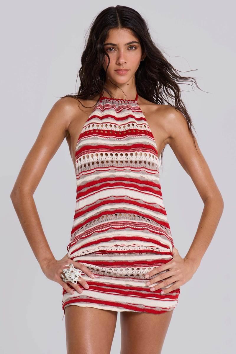 Jaded London Cata Red Stripe Halter Ruffle Knit Mini Dress Multi