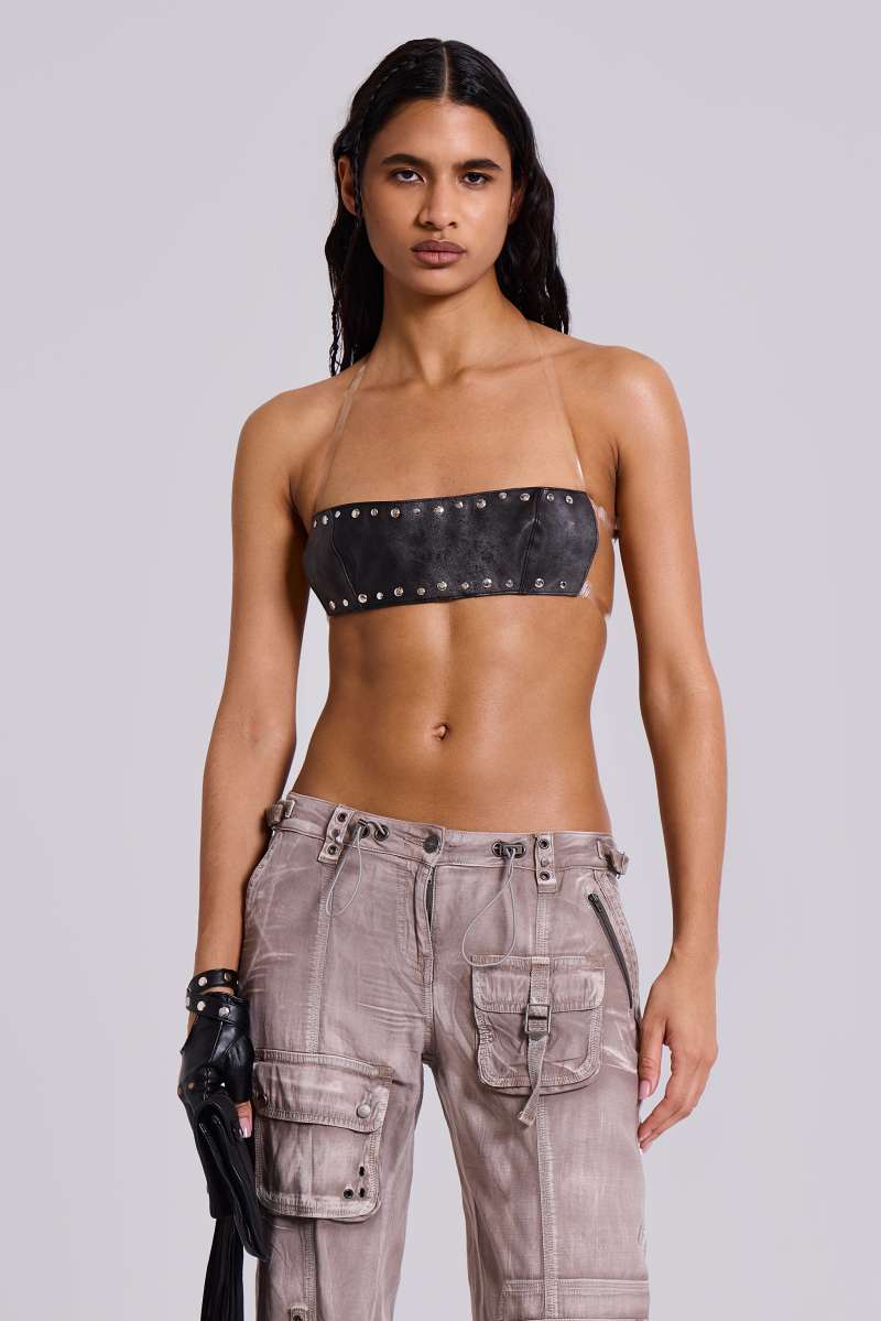 Jaded London Censored PU Leather Bralette Top Black