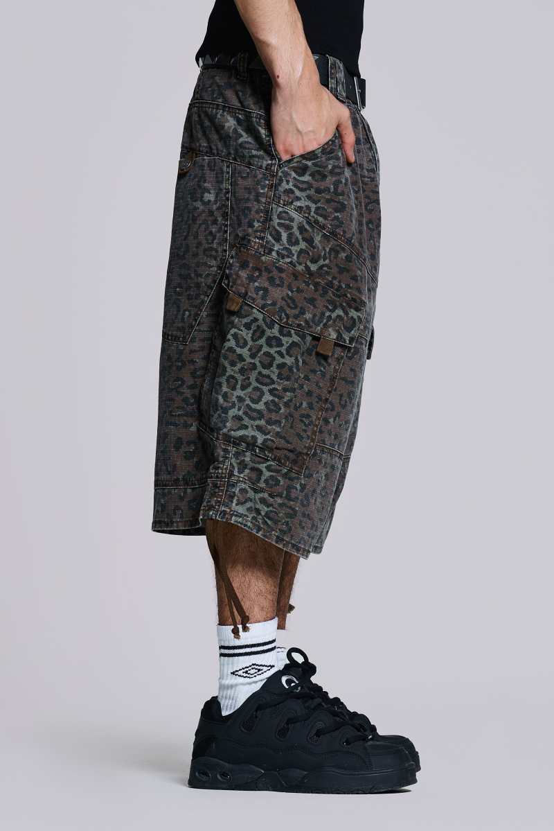 Jaded London Charcoal Leopard Cadet Baggy Shorts Charcoal Leopard