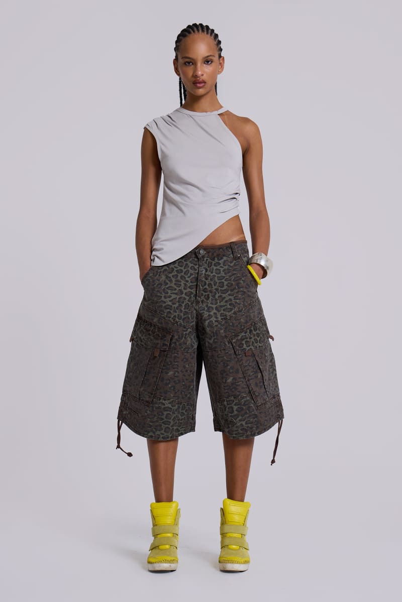 Jaded London Charcoal Leopard Cadet Baggy Shorts Charcoal Leopard