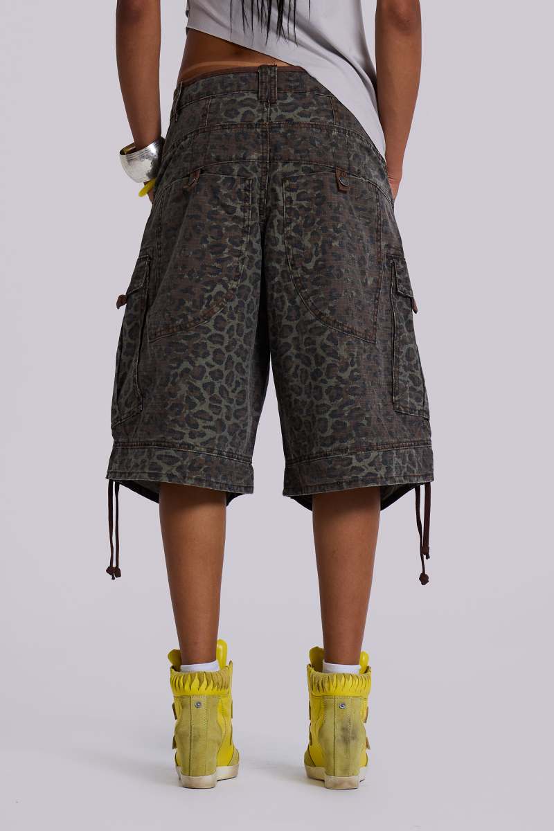 Jaded London Charcoal Leopard Cadet Baggy Shorts Charcoal Leopard