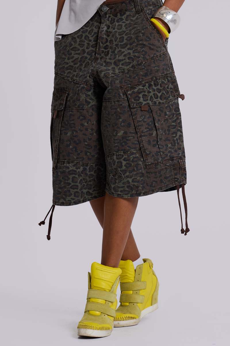 Jaded London Charcoal Leopard Cadet Baggy Shorts Charcoal Leopard