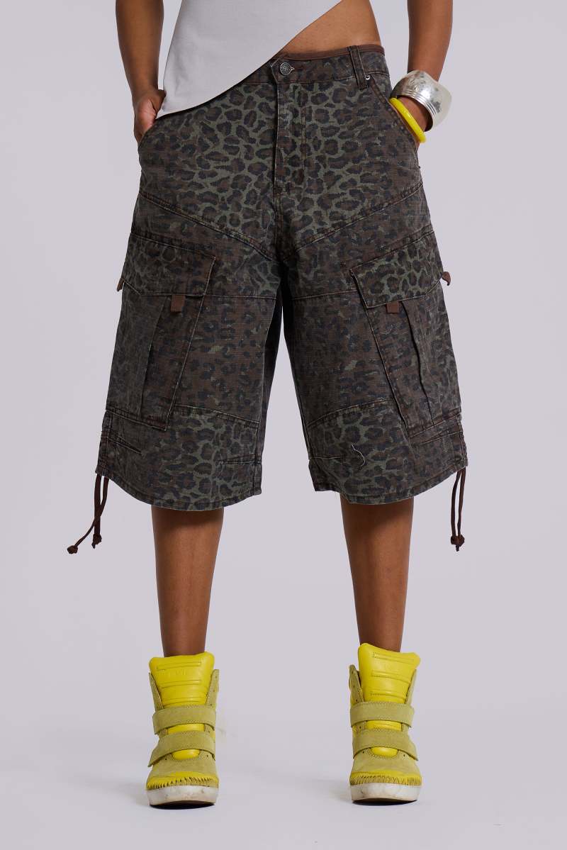 jaded london Charcoal Leopard Cadet Baggy Shorts Charcoal Leopard