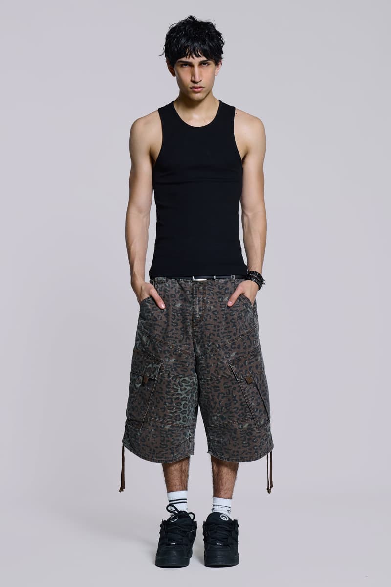 jaded london Charcoal Leopard Cadet Baggy Shorts Charcoal Leopard