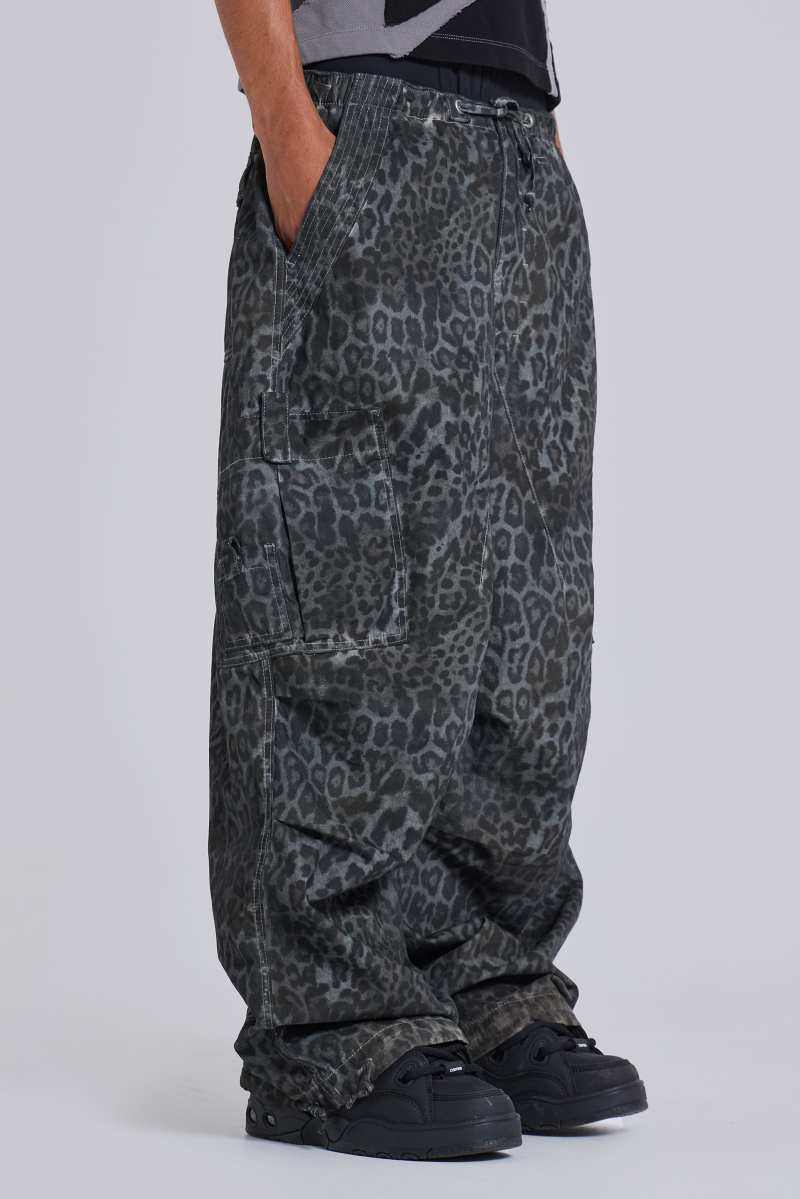 Jaded London Charcoal Leopard Parachute Pants Leopard Print