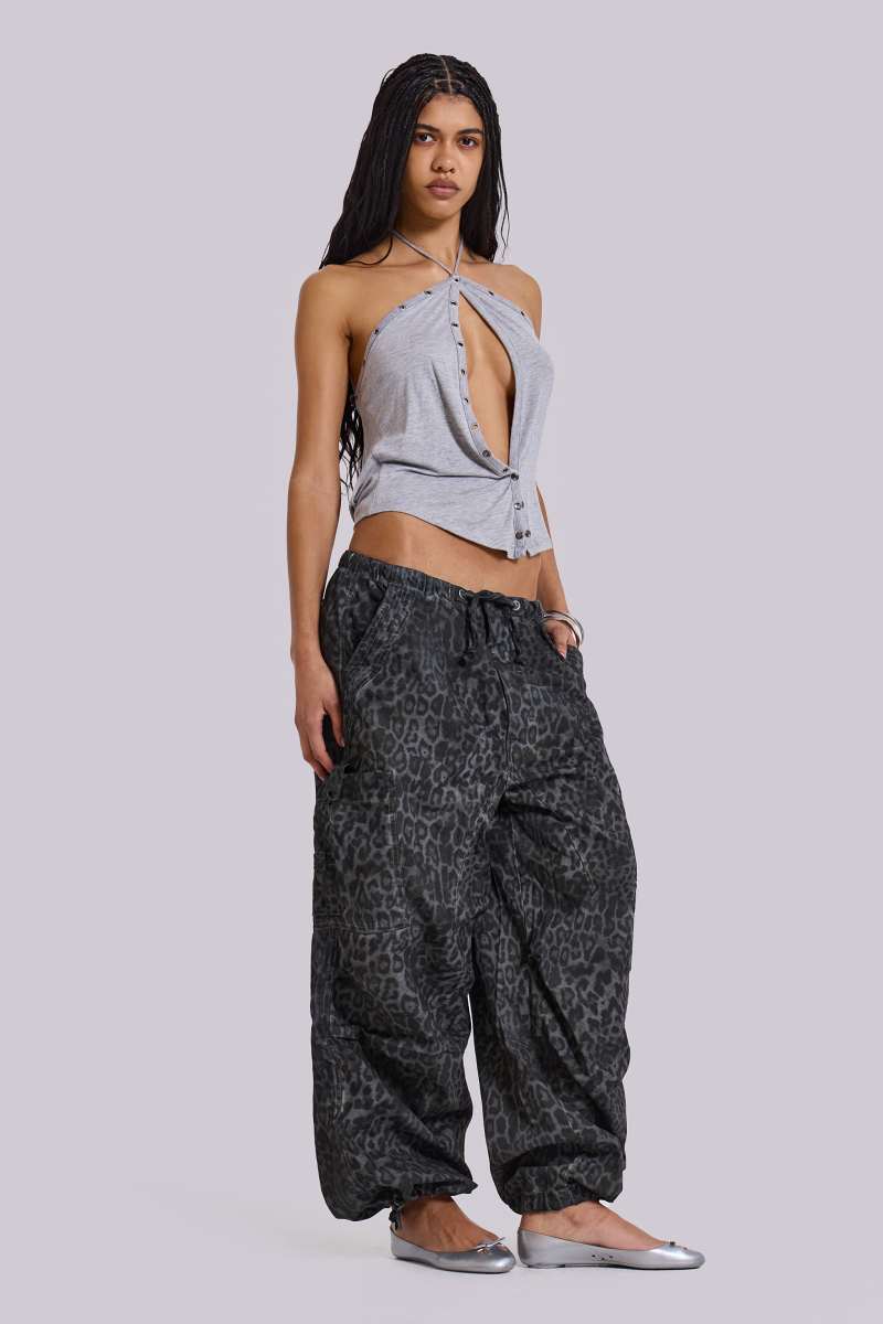 Jaded London Charcoal Leopard Parachute Pants Leopard Print