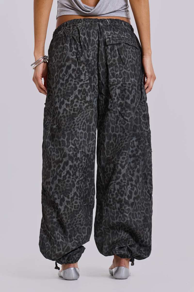 Jaded London Charcoal Leopard Parachute Pants Leopard Print