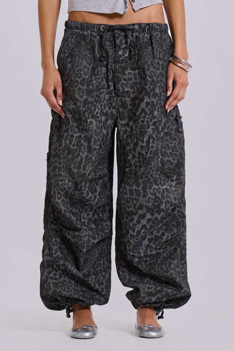 jaded london Charcoal Leopard Parachute Pants Leopard Print