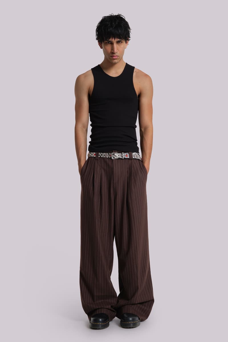 jaded london Chocolate Brown Pinstripe Goliath Suit Pants Brown