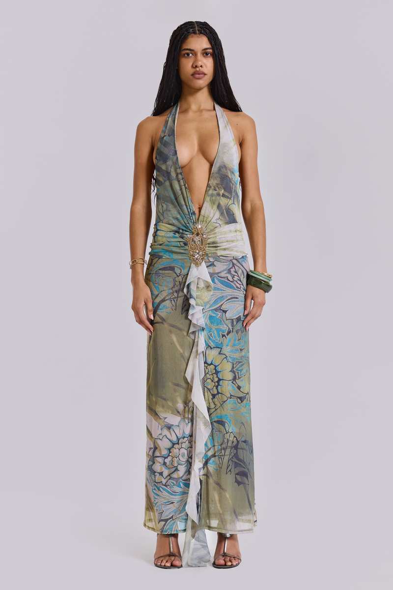Jaded London Cindy Plunge Maxi Dress In Green Green