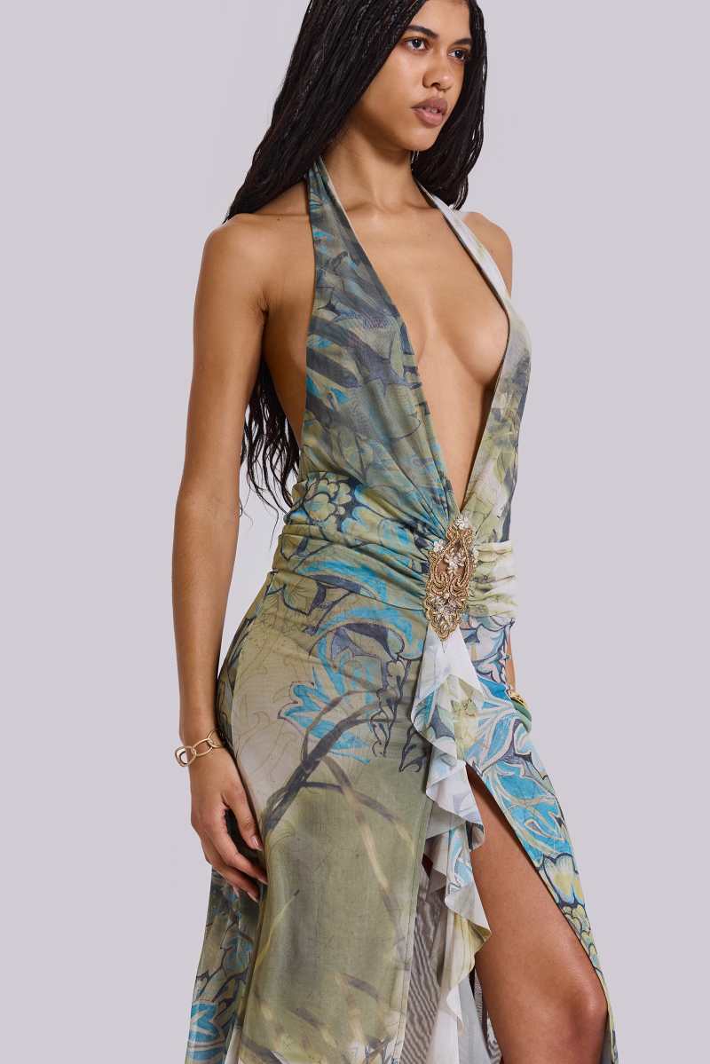 jaded london Cindy Plunge Maxi Dress In Green Green