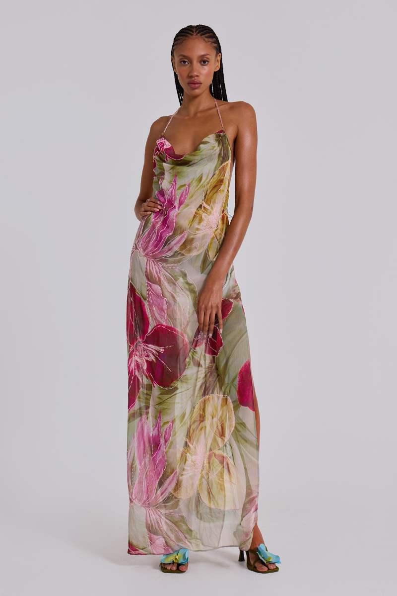 Jaded London Dahlia Hand Beaded Backless Chiffon Maxi Dress In Rosa Multi