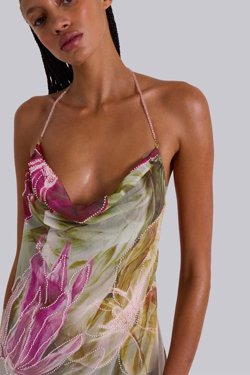 Jaded London Dahlia Hand Beaded Backless Chiffon Maxi Dress In Rosa Multi