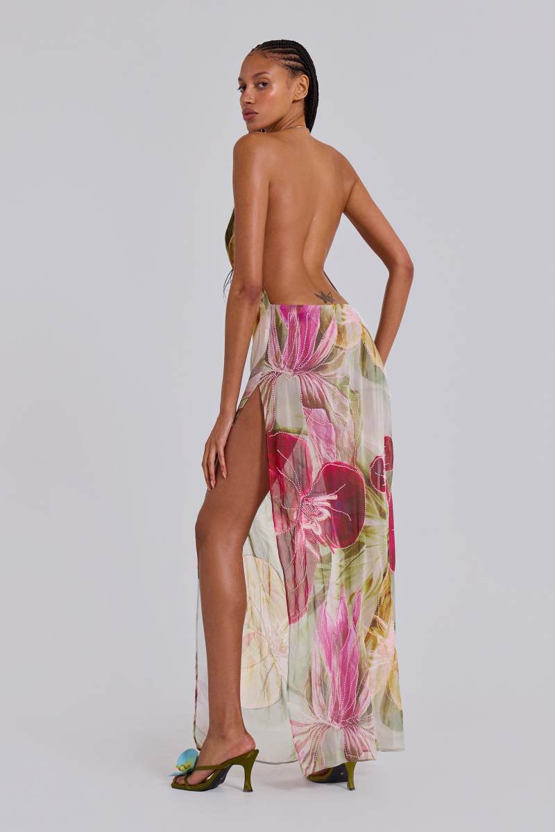 jaded london Dahlia Hand Beaded Backless Chiffon Maxi Dress in Rosa Multi