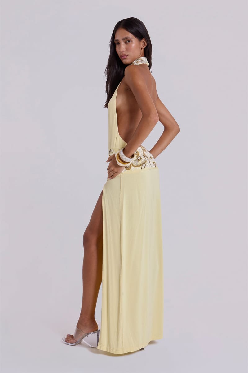 Jaded London Darya Hand Beaded Backless Maxi Dress In Butter Butter Yellow