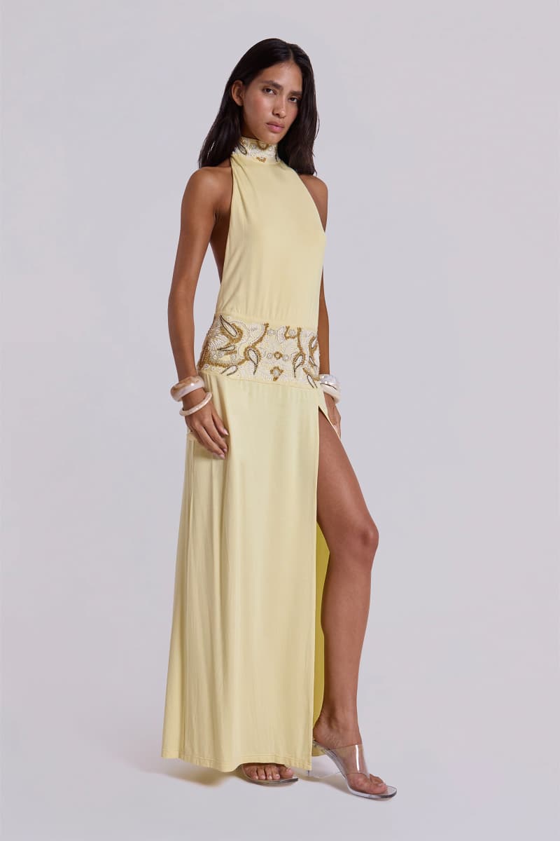 Jaded London Darya Hand Beaded Backless Maxi Dress In Butter Butter Yellow