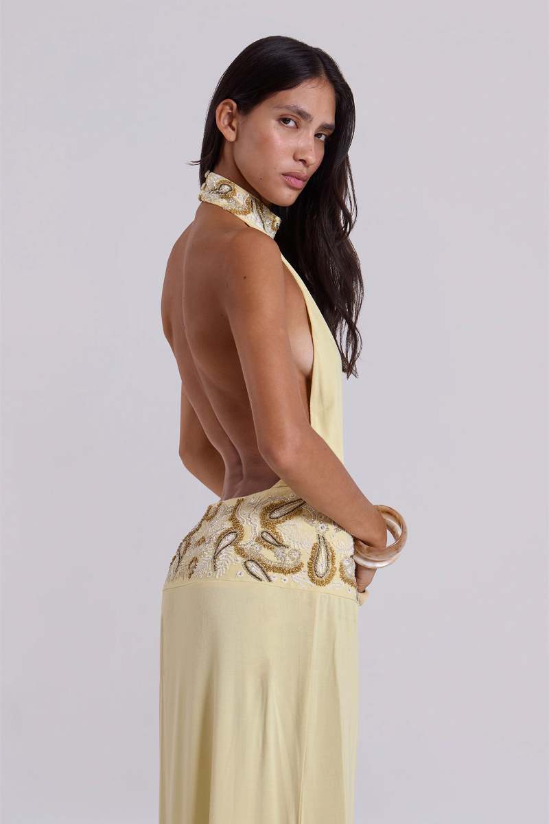 jaded london Darya Hand Beaded Backless Maxi Dress in Butter Butter Yellow