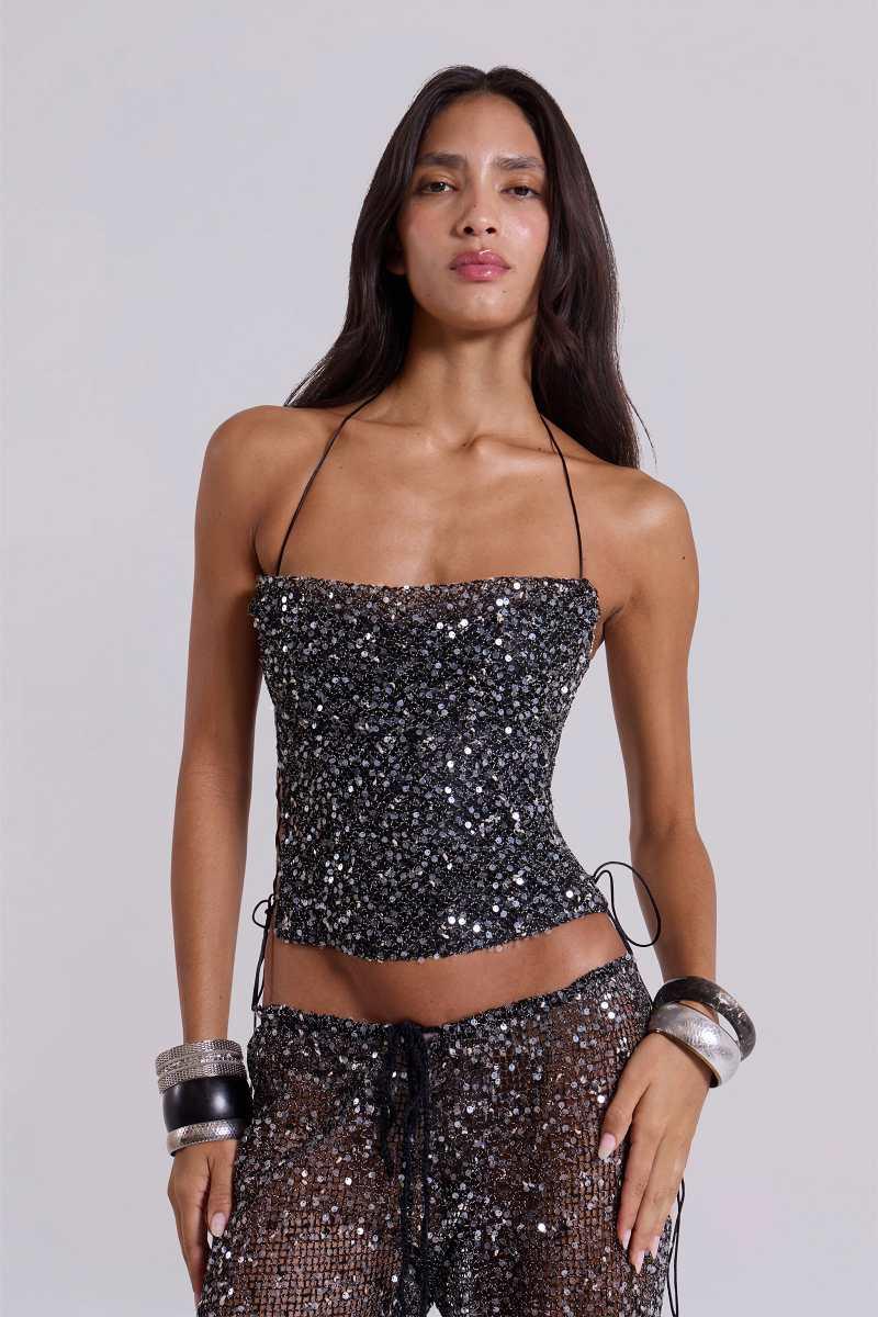 Jaded London Deva Sequin Knit Corset Top In Midnight Black