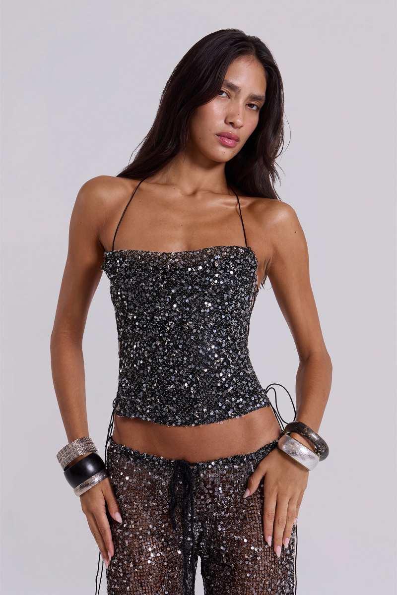 jaded london Deva Sequin Knit Corset Top in Midnight Black