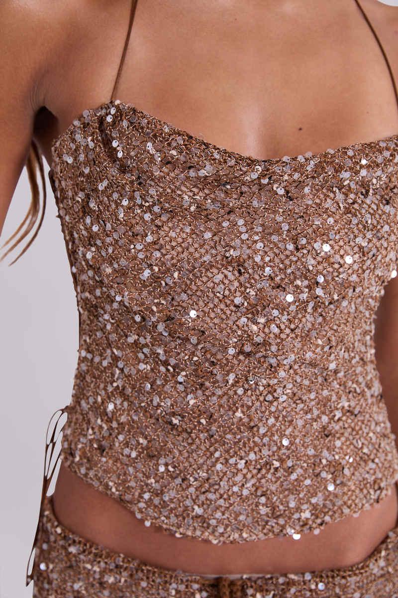Jaded London Deva Sequin Knit Corset Top In Sand Sand