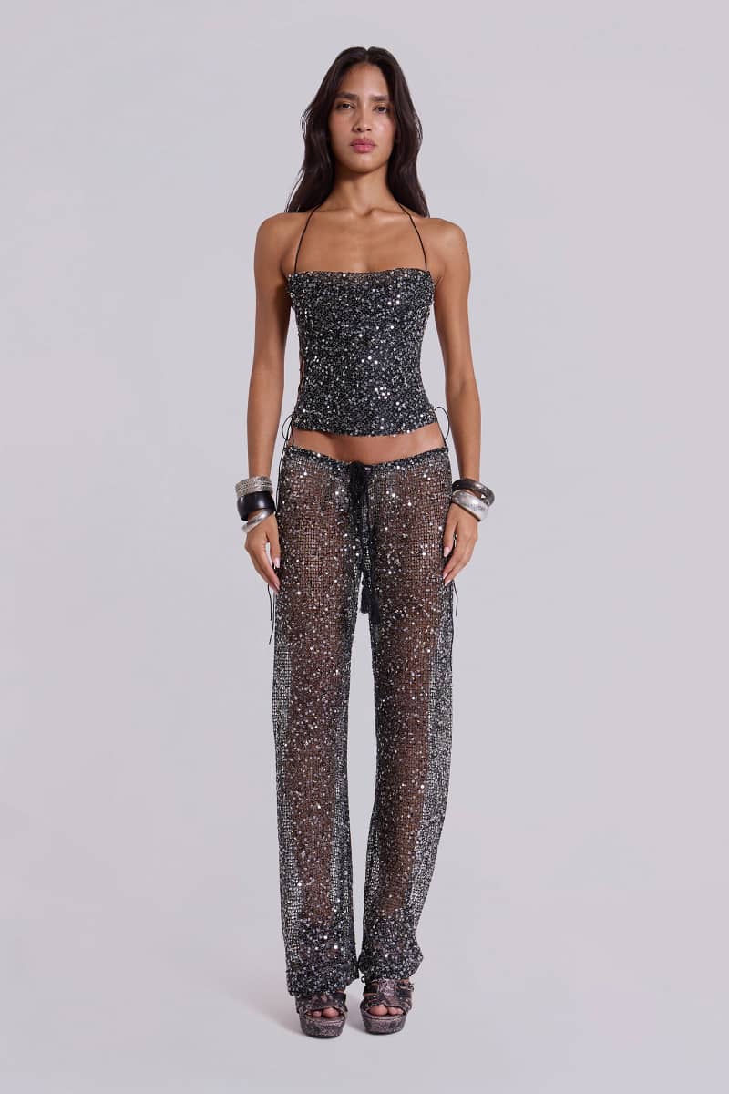 Jaded London Deva Sequin Knit Trousers In Midnight Black