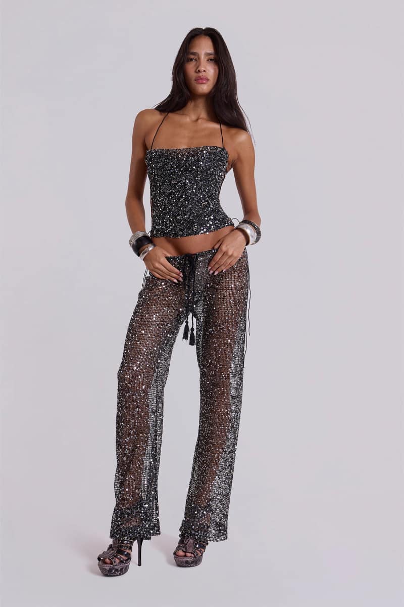 jaded london Deva Sequin Knit Trousers in Midnight Black