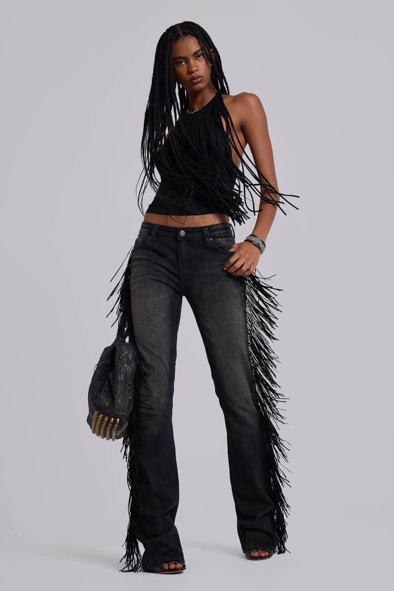 Jaded London El Topo Fringe Bootcut Jeans In Black Wash Black