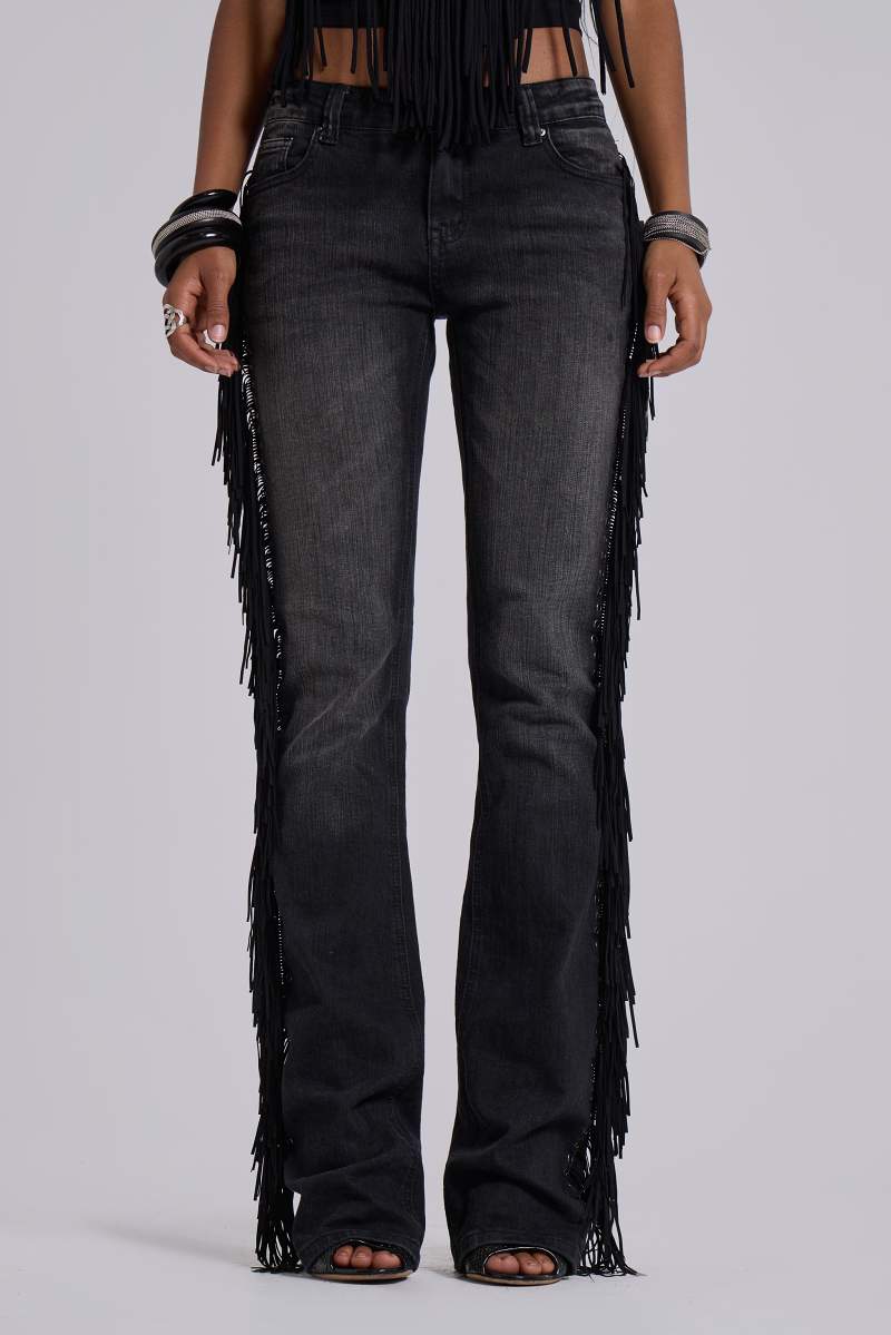 Jaded London El Topo Fringe Bootcut Jeans In Black Wash Black