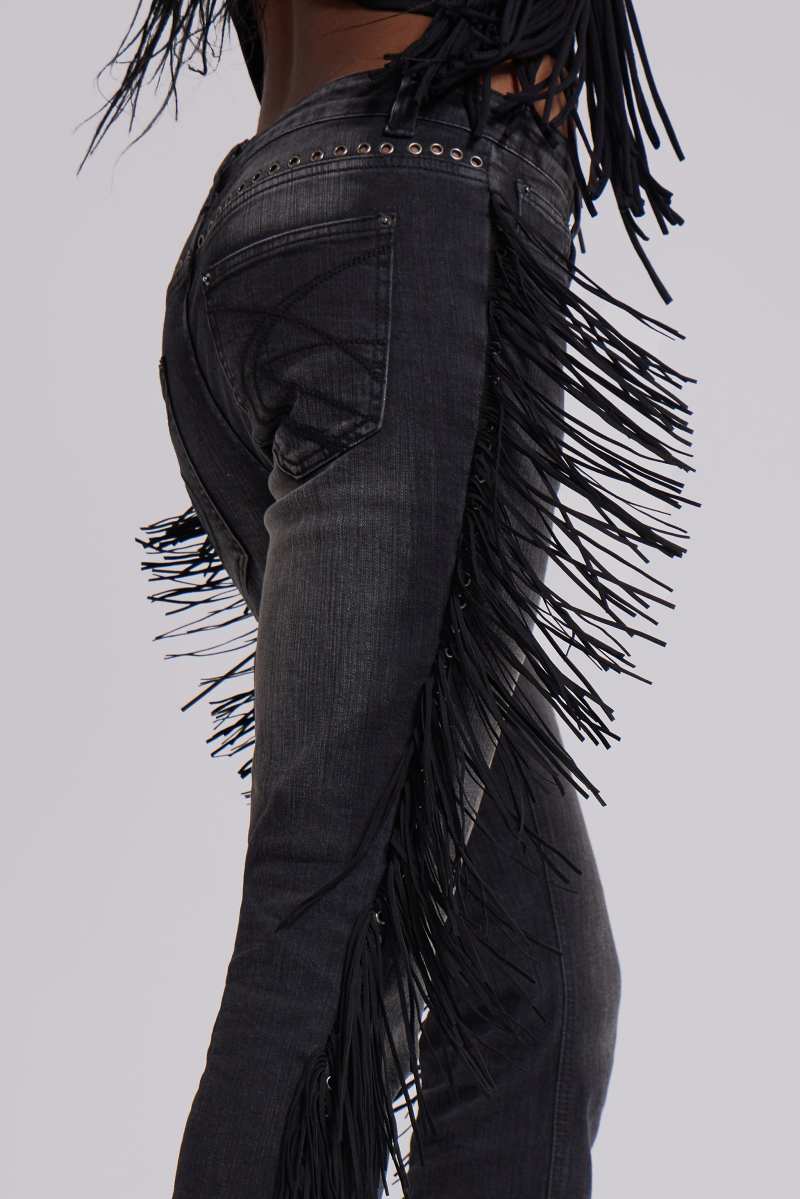 jaded london El Topo Fringe Bootcut Jeans in Black Wash Black