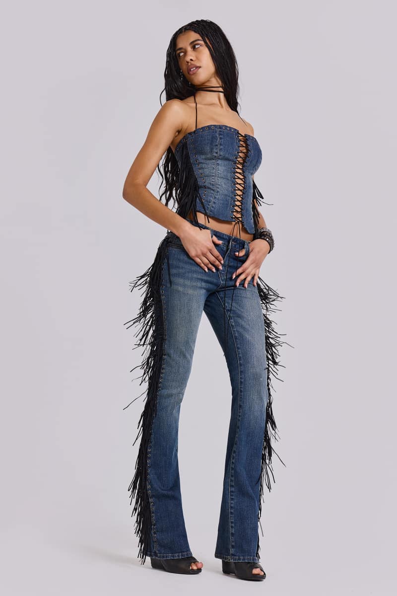 Jaded London El Topo Fringe Bootcut Jeans In Blue Wash Blue