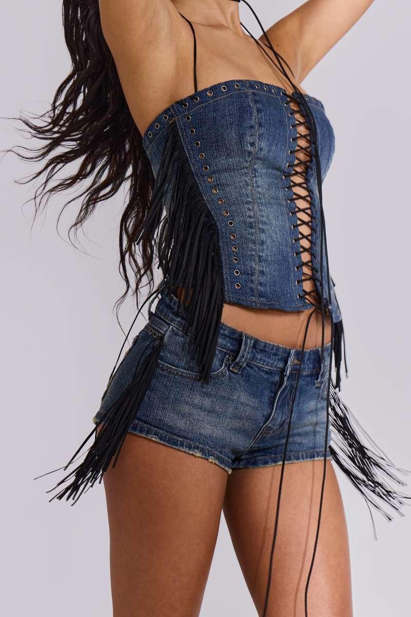 Jaded London El Topo Fringe Denim Hotpants Blue Denim