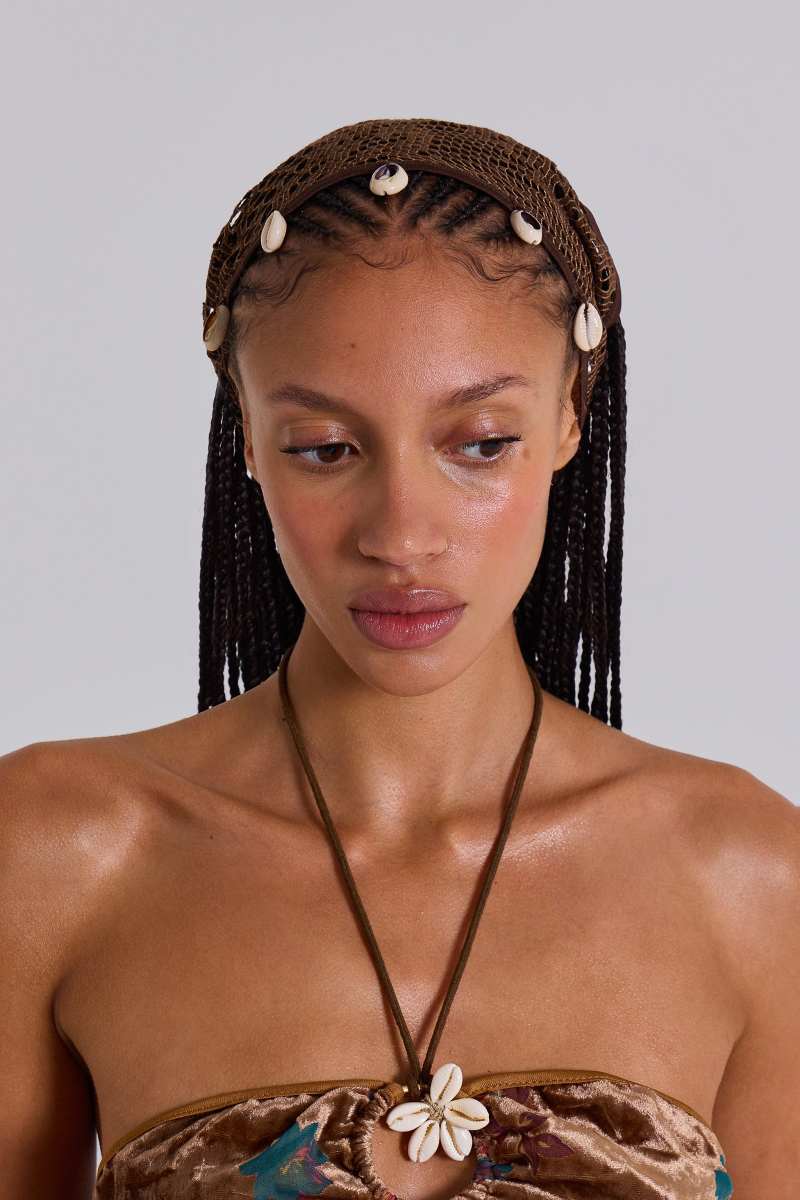 Jaded London Eliana Crochet Knit Bandana With Shell Trim Brown