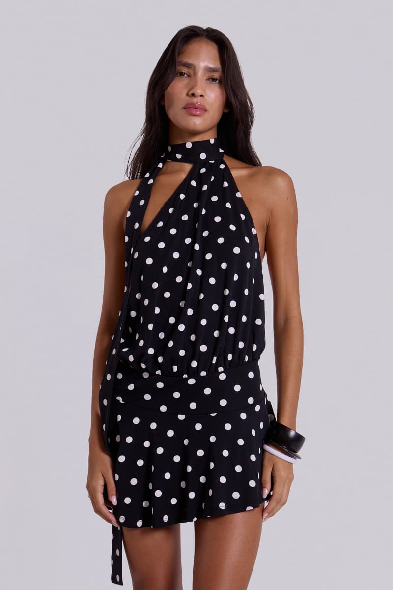 Jaded London Enya Backless Mini Dress In XL Polkadot Black